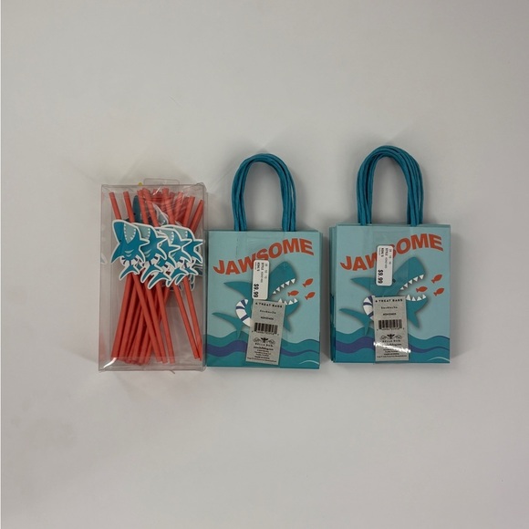 Jawsome Shark Party Favor Bags and Straws Set - Blue and Orange - Picture 1 of 4